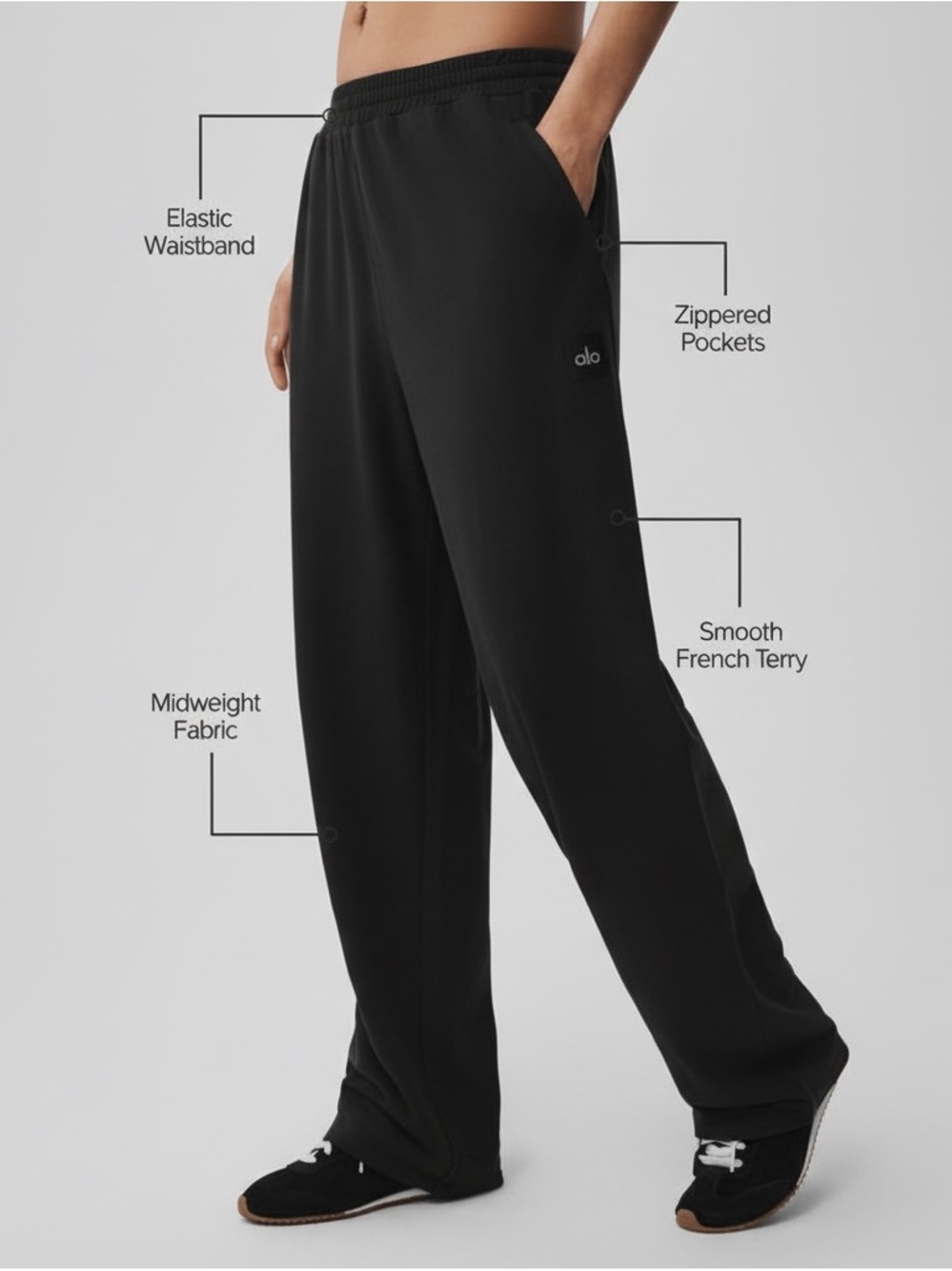 Alo Pants Womens Medium Black Double Take Straight Leg Sweat Midweight Terry NEW